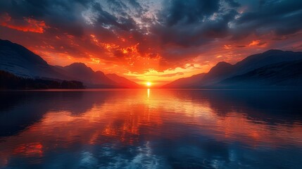 Poster - A beautiful sunset over a lake with mountains in the background. The sky is filled with orange and pink hues, creating a serene and peaceful atmosphere