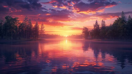 Poster - A beautiful sunset over a lake with trees in the background. The sky is filled with orange and pink hues, creating a serene and peaceful atmosphere. The water is calm and still