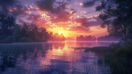 Poster - A beautiful sunset over a lake with trees in the background. The sky is filled with clouds and the sun is setting, creating a warm and peaceful atmosphere