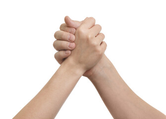 Wall Mural - Man and woman holding hands together on white background, closeup