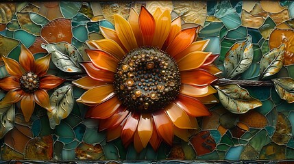 Wall Mural - depict a sunflower as seen by a bee flying just above it