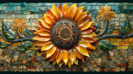 Wall Mural - depict a sunflower as seen by a bee flying just above it