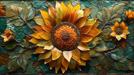 Wall Mural - depict a sunflower as seen by a bee flying just above it