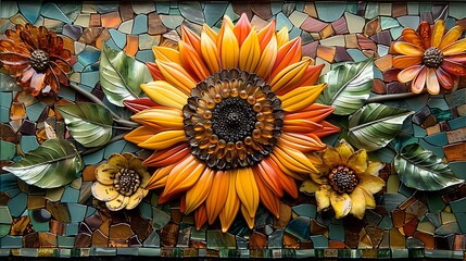 Wall Mural - depict a sunflower as seen by a bee flying just above it