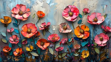 Wall Mural - depict an abstract floral arrangement where the blooms are made from layered magazine clippings and 