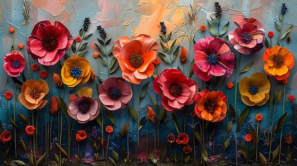 Wall Mural - depict an abstract floral arrangement where the blooms are made from layered magazine clippings and 
