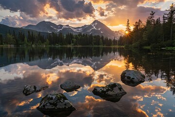 Wall Mural - breathtaking sunset reflection in strbske pleso lake high tatras mountains slovakia landscape photography