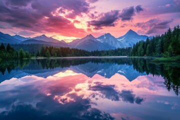 Wall Mural - breathtaking sunset reflection in strbske pleso lake high tatras mountains slovakia landscape photography