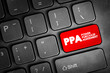 PPA - Power Purchase Agreement is a contract between two parties, one which generates electricity and one which is looking to purchase electricity, acronym text button on keyboard