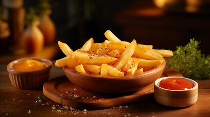 Canvas Print - delicious French fries served on wooden board with ketchup and mustard in wooden bowl garnished with salt.