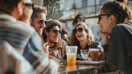 Wall Mural - A group of friends laughing and talking together, enjoying each other's company.