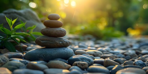 Poster - Serene Pebble Stack in Lush Natural Setting for Guided Meditation and Mindfulness Practice