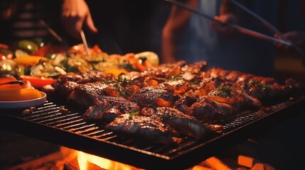 Evening barbecue party with grilled meat and vegetables.