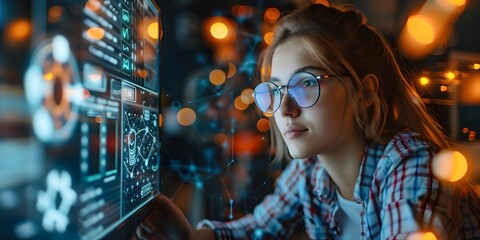 Wall Mural - young female tech developer working on computer in nighttime technology incubator