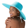 Portrait smiling woman wearing sun hat in hot summer. Seen from behind, with her hand on shoulder, isolated on white background. Concept for online shopping, booking travel, and summer beach holiday