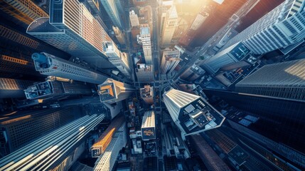 Aufkleber - A dynamic aerial view of a modern downtown district, with sleek high-rise buildings reaching towards the sky