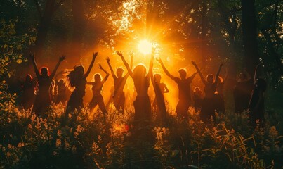 Group of free-spirited men and women performing an ecstatic dance ritual in a forest, soft warm lighting, silhouette effect, Generative AI