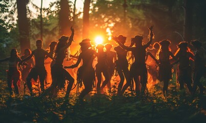 group of free-spirited men and women performing an ecstatic dance ritual in a forest, soft warm ligh