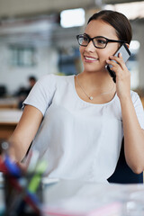 Sticker - Businesswoman, phone call and smile at desk in office for talking, networking and discussion. Happiness, communication and female consultant in workplace for agency, contact and conversation