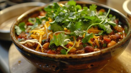 Sticker - A hearty bowl of chili con carne, topped with melted cheese and fresh cilantro, emitting delicious fragrances