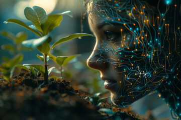 Poster - An artificial intelligence interface displayed as a neural network with roots and leaves, symbolizing growth and learning,