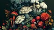 Illustration of abstract composition with mushrooms and vegetables over black background