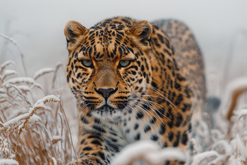 Poster - An Amur leopard in a snowy landscape, its rare coat providing perfect camouflage in the harsh environment,