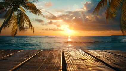 Wall Mural - a wooden table with an ocean view and palm trees in the background, creating a tropical beach atmosp