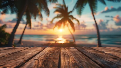Wall Mural - beautiful summer background with a wooden table and blurred palm trees on the beach at sunset banner