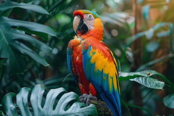 Aufkleber - A vivid macaw perched in the Amazon rainforest, its feathers a brilliant cascade of colors,