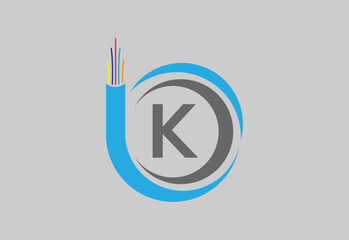 Initial K monogram letter alphabet with electric wire, optical fiber cable.