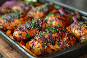 Wall Mural - Juicy grilled chicken drumsticks with herbs on a baking sheet, perfect for food-related content