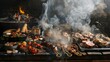 A mouthwatering barbecue feast with charred meats and grilled vegetables, surrounded by billowing smoke