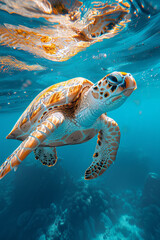 Aufkleber - A sea turtle gliding gracefully underwater, its shell patterned beautifully against the deep blue sea,