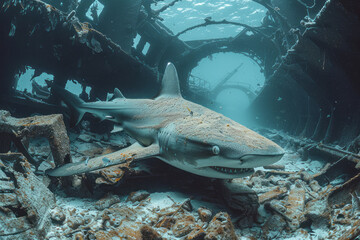 Poster - A reef shark weaving through the wreckage of a sunken ship, a ghostly underwater scene,