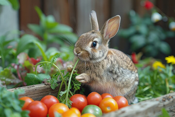 Wall Mural - A rabbit nibbling on fresh vegetables in a well-tended garden, its ears perked up at every sound,