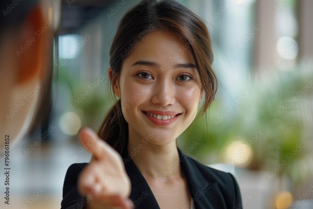 Client Offering Friendly businesswoman welcoming client offering collaboration with ...
