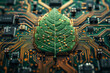 A circuit board with pathways mimicking the veins of a leaf, blending natural and synthetic aesthetics,