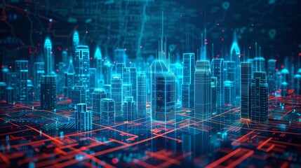 Wall Mural - Grid Structure: A 3D vector illustration of a futuristic city with a grid-like network of transportation and buildings