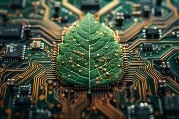 Aufkleber - A circuit board with pathways mimicking the veins of a leaf, blending natural and synthetic aesthetics,
