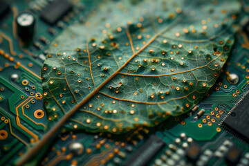 Aufkleber - A circuit board with pathways mimicking the veins of a leaf, blending natural and synthetic aesthetics,