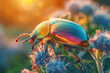 A beetle with iridescent armor, the colors shifting in the sunlight,