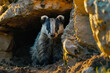 A badger emerging from its den under a rock, twilight casting long shadows around its stout form,
