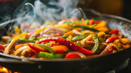 Sticker - A sizzling skillet of fajitas with colorful bell peppers and onions, filling the air with savory aromas