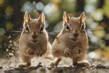 Wall Mural - A pair of chipmunks chasing each other around a tree, a playful display of agility and speed,