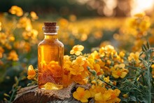 The Golden Essence Bottle Sits On A Stump Surrounded By Vibrant Yellow Flowers, Capturing The Essence Of Nature And Natural Beauty In Golden Hour Sunlight