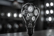 A lightbulb filled with gears, representing the process of generating innovative ideas,