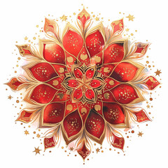 A red and gold mandala flower with a gold center