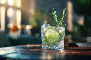 Gin Tonic with rosemary and cucumber cocktail beverage alcohol.