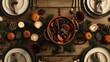 An overhead shot of a festive holiday dinner table, featuring a decorative ceramic pot filled with fragrant mulled wine.